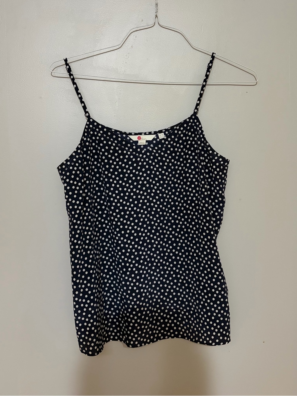 Boden 100% Silk Navy and White Polka Dot Spaghetti Strap Blouse